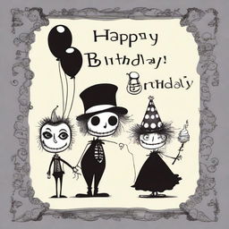 This is a unique digital art image of a happy birthday card, crafted in the unmistakable style of Tim Burton