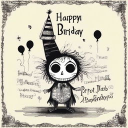 This is a unique digital art image of a happy birthday card, crafted in the unmistakable style of Tim Burton