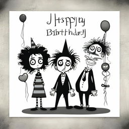 This is a unique digital art image of a happy birthday card, crafted in the unmistakable style of Tim Burton