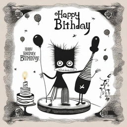 This is a unique digital art image of a happy birthday card, crafted in the unmistakable style of Tim Burton