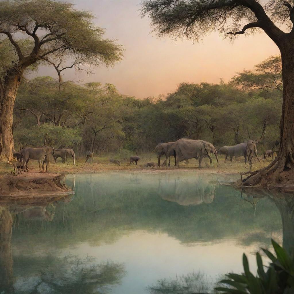 In an African tale segment, elaborate on a scene where each animal sees their reflection in the enchanted lake, revealing their unique qualities and strengths.