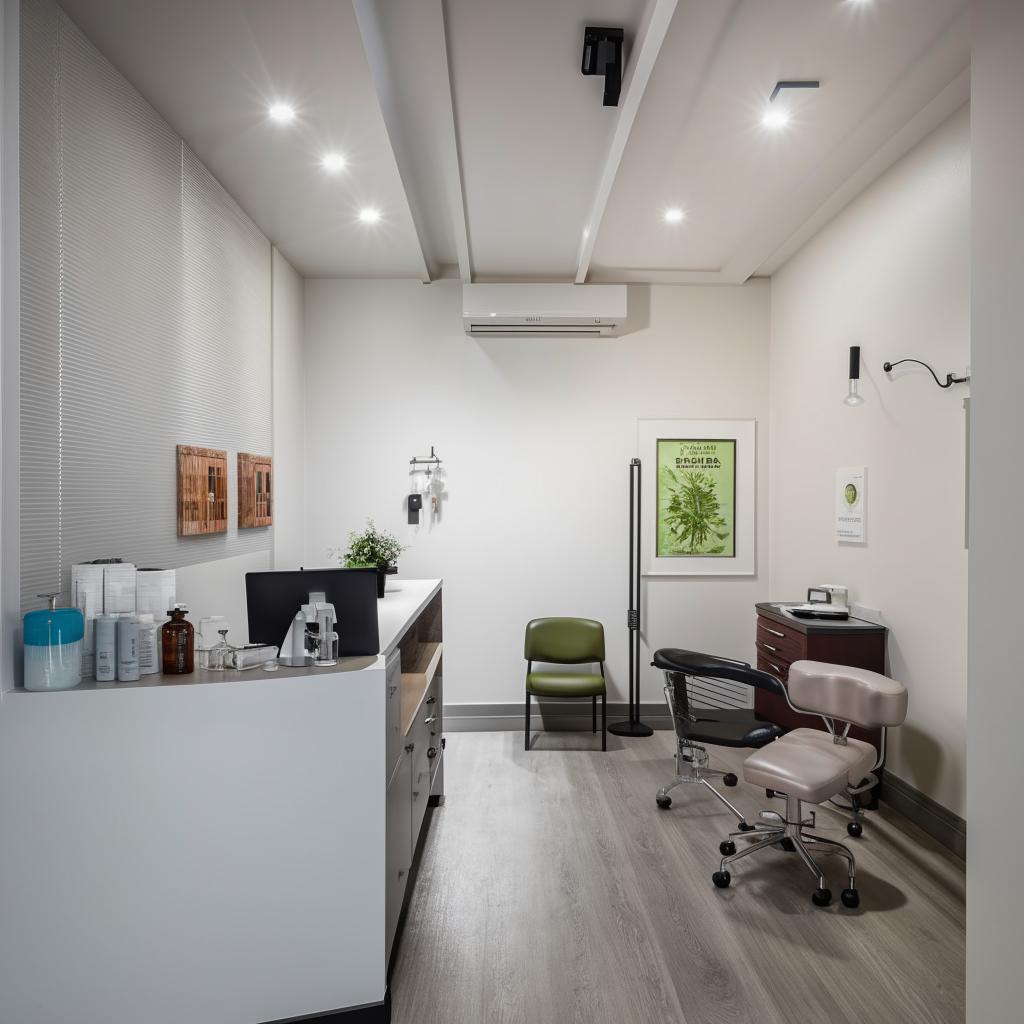 A cozy, well-lit small clinic layout, measuring 9ft by 27ft, reflecting a welcoming and professional atmosphere.