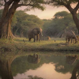 In an African tale segment, elaborate on a scene where each animal sees their reflection in the enchanted lake, revealing their unique qualities and strengths.