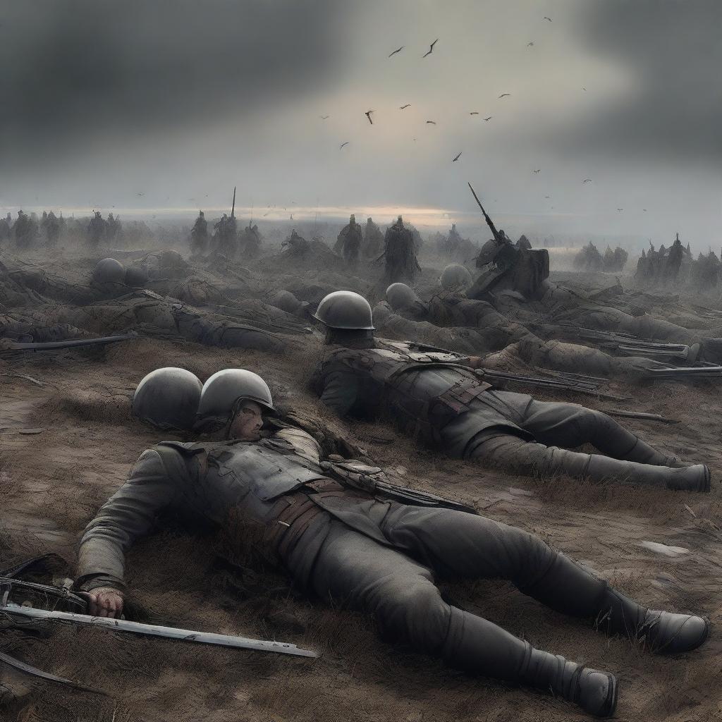 A highly detailed digital art piece depicting the aftermath of a brutal conflict, with the bodies of the fallen cavalry strewn across the battlefield