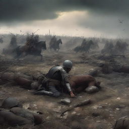 A highly detailed digital art piece depicting the aftermath of a brutal conflict, with the bodies of the fallen cavalry strewn across the battlefield