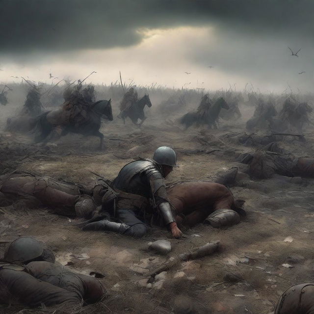 A highly detailed digital art piece depicting the aftermath of a brutal conflict, with the bodies of the fallen cavalry strewn across the battlefield