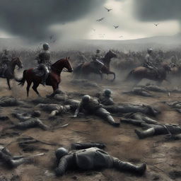 A highly detailed digital art piece depicting the aftermath of a brutal conflict, with the bodies of the fallen cavalry strewn across the battlefield