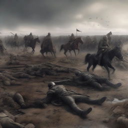 A highly detailed digital art piece depicting the aftermath of a brutal conflict, with the bodies of the fallen cavalry strewn across the battlefield