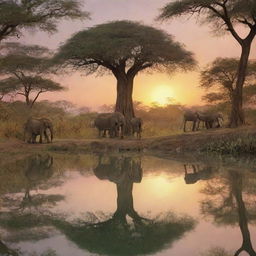 In an African tale segment, elaborate on a scene where each animal sees their reflection in the enchanted lake, revealing their unique qualities and strengths.