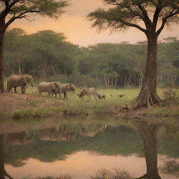 In an African tale segment, elaborate on a scene where each animal sees their reflection in the enchanted lake, revealing their unique qualities and strengths.