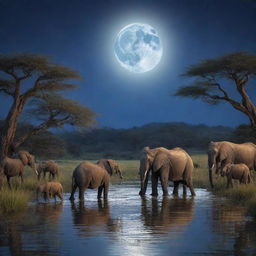 Create a scene in the African tale showing the animals immersing themselves in the magical lake under the full moon light, embracing the transformative power it provides.