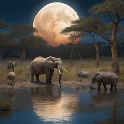 Create a scene in the African tale showing the animals immersing themselves in the magical lake under the full moon light, embracing the transformative power it provides.