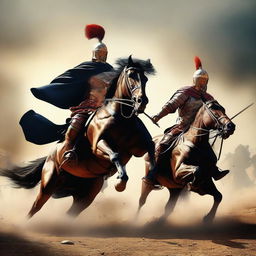 A dynamic digital art piece illustrating a duel between the king of the cavalry and the Roman emperor