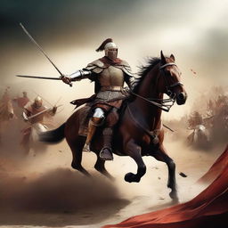 A dynamic digital art piece illustrating a duel between the king of the cavalry and the Roman emperor