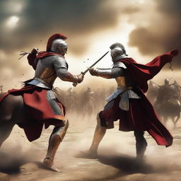 A dynamic digital art piece illustrating a duel between the king of the cavalry and the Roman emperor