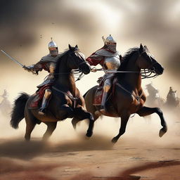 A dynamic digital art piece illustrating a duel between the king of the cavalry and the Roman emperor