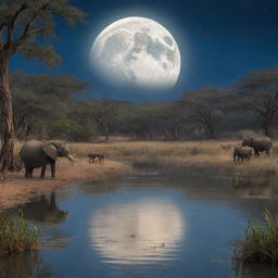 Create a scene in the African tale showing the animals immersing themselves in the magical lake under the full moon light, embracing the transformative power it provides.