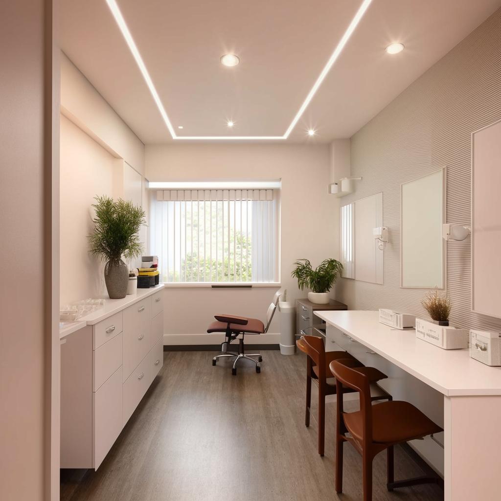 A cozy, well-lit small clinic layout, measuring 9ft by 27ft, reflecting a welcoming and professional atmosphere.