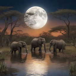 Create a scene in the African tale showing the animals immersing themselves in the magical lake under the full moon light, embracing the transformative power it provides.