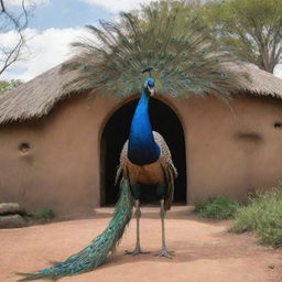 Expound on Zuri's grand entrance into the African tale's village, illustrating the reactions of the other animals and the initial atmosphere provoked by the majestic peacock's arrival.