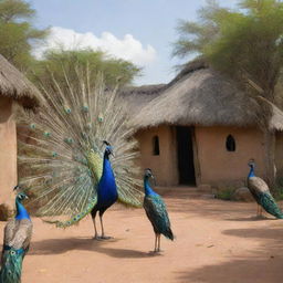 Expound on Zuri's grand entrance into the African tale's village, illustrating the reactions of the other animals and the initial atmosphere provoked by the majestic peacock's arrival.