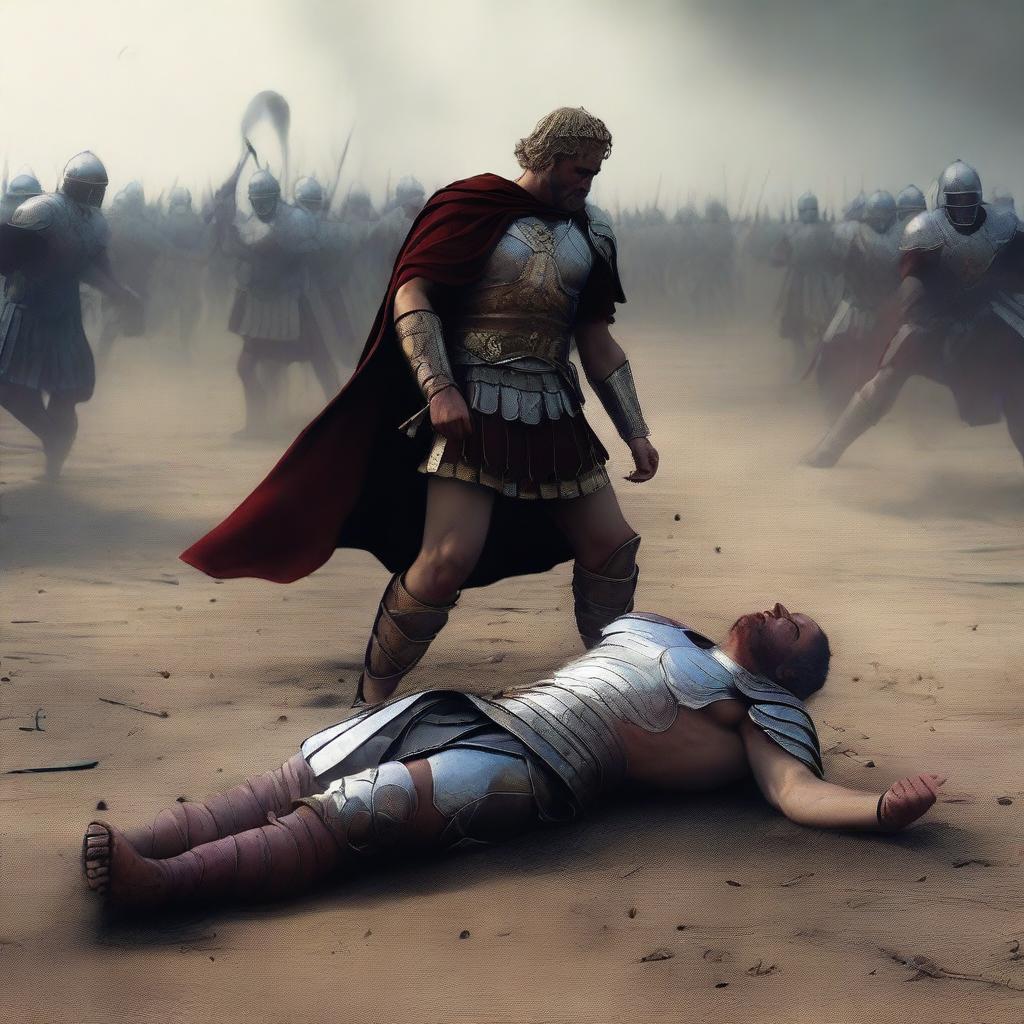 A striking digital art piece showing the aftermath of the duel, where the Roman emperor lies defeated on the ground