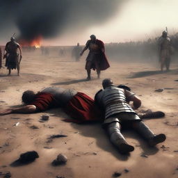 A striking digital art piece showing the aftermath of the duel, where the Roman emperor lies defeated on the ground