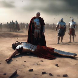 A striking digital art piece showing the aftermath of the duel, where the Roman emperor lies defeated on the ground