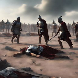 A striking digital art piece showing the aftermath of the duel, where the Roman emperor lies defeated on the ground