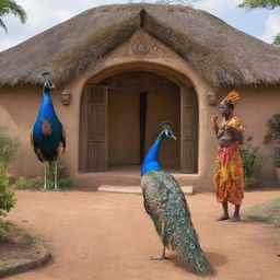 Expound on Zuri's grand entrance into the African tale's village, illustrating the reactions of the other animals and the initial atmosphere provoked by the majestic peacock's arrival.