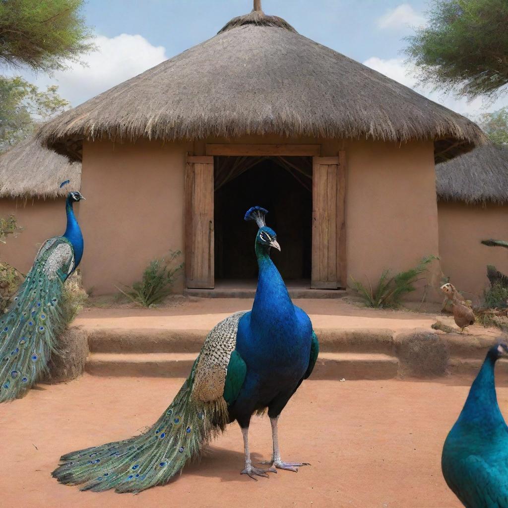 Expound on Zuri's grand entrance into the African tale's village, illustrating the reactions of the other animals and the initial atmosphere provoked by the majestic peacock's arrival.