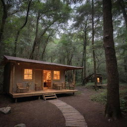 A charming yet affordable outdoor hotel, surrounded by nature with makeshift wooden cabins, hanging lanterns and cozy communal areas under the stars.