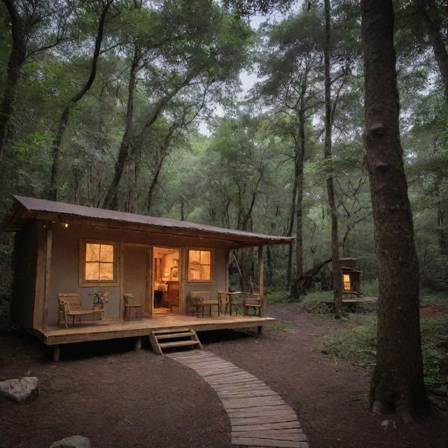 A charming yet affordable outdoor hotel, surrounded by nature with makeshift wooden cabins, hanging lanterns and cozy communal areas under the stars.