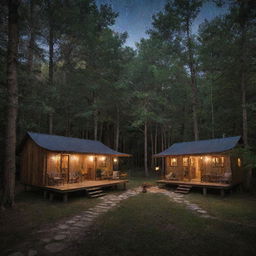 A charming yet affordable outdoor hotel, surrounded by nature with makeshift wooden cabins, hanging lanterns and cozy communal areas under the stars.