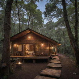 A charming yet affordable outdoor hotel, surrounded by nature with makeshift wooden cabins, hanging lanterns and cozy communal areas under the stars.