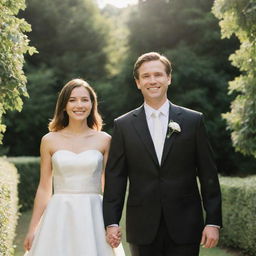 A man in a black suit with short straight hair, and a couple with slightly long hair and a smiling face in a white wedding dress, holding hands. They stand against a background of greenery with the sun shining brightly.