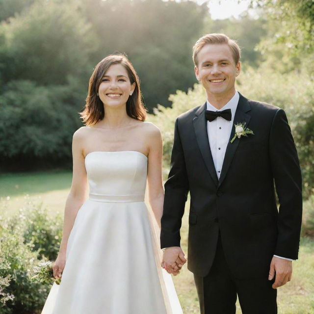 A man in a black suit with short straight hair, and a couple with slightly long hair and a smiling face in a white wedding dress, holding hands. They stand against a background of greenery with the sun shining brightly.