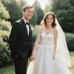 A man in a black suit with short straight hair, and a couple with slightly long hair and a smiling face in a white wedding dress, holding hands. They stand against a background of greenery with the sun shining brightly.