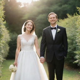 A man in a black suit with short straight hair, and a couple with slightly long hair and a smiling face in a white wedding dress, holding hands. They stand against a background of greenery with the sun shining brightly.