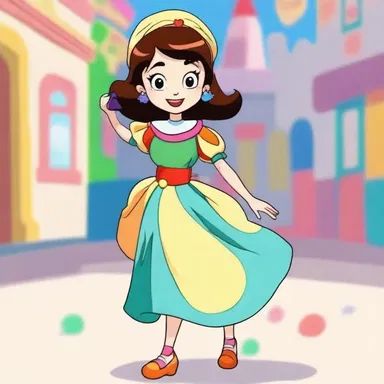 In the cartoon show, the character's dress had a colorful gauffer on the sleeves, giving it a playful and lively look.