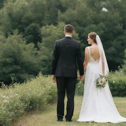 The same couple now turned around to face the other direction. The man is still in his black suit and the woman in her white wedding dress against the backdrop of greenery under the sunny sky.