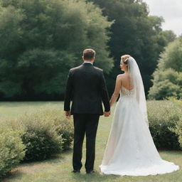 The same couple now turned around to face the other direction. The man is still in his black suit and the woman in her white wedding dress against the backdrop of greenery under the sunny sky.