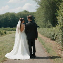 The same couple now turned around to face the other direction. The man is still in his black suit and the woman in her white wedding dress against the backdrop of greenery under the sunny sky.