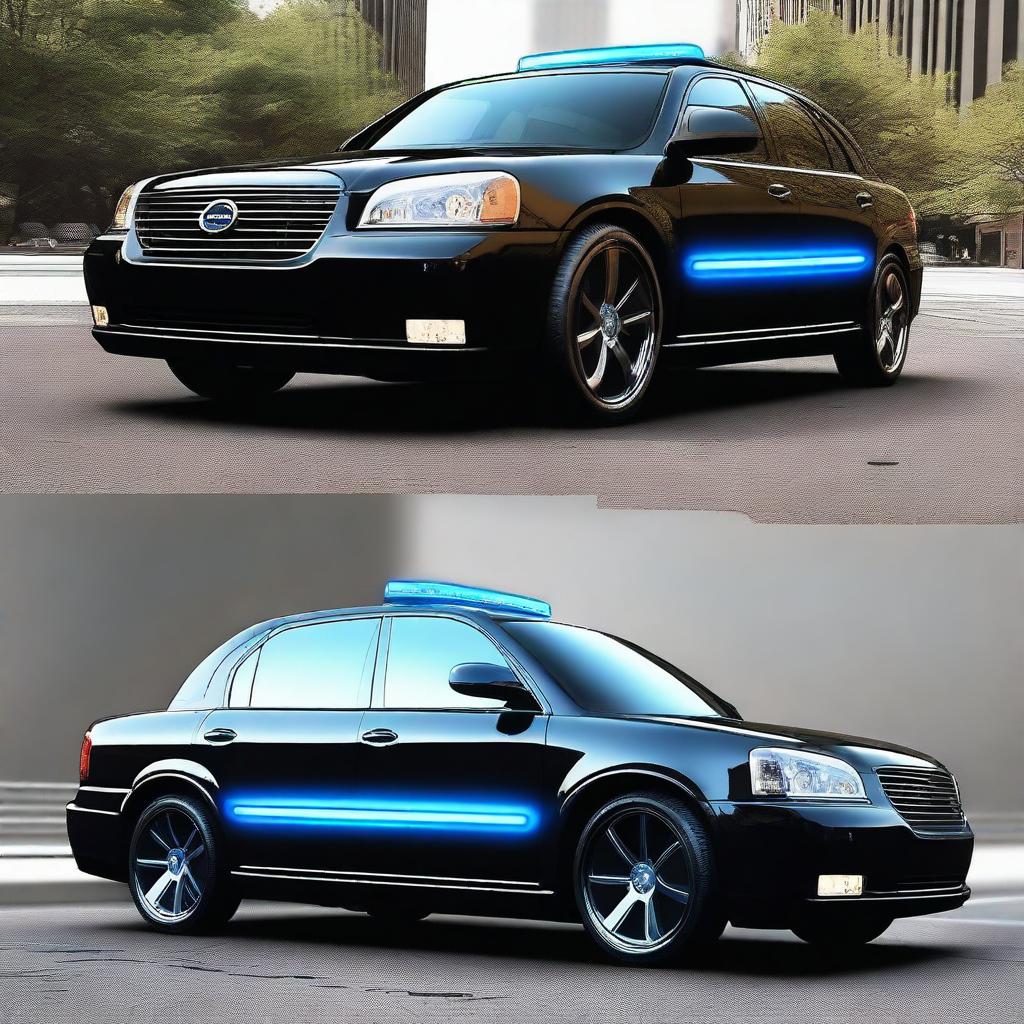 A high-quality digital art of a robust security car, characterized by its sleek black paint and flashing blue lights