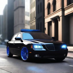 A high-quality digital art of a robust security car, characterized by its sleek black paint and flashing blue lights