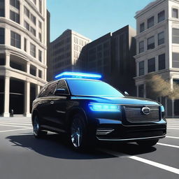 A high-quality digital art of a robust security car, characterized by its sleek black paint and flashing blue lights