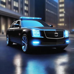 A high-quality digital art of a robust security car, characterized by its sleek black paint and flashing blue lights