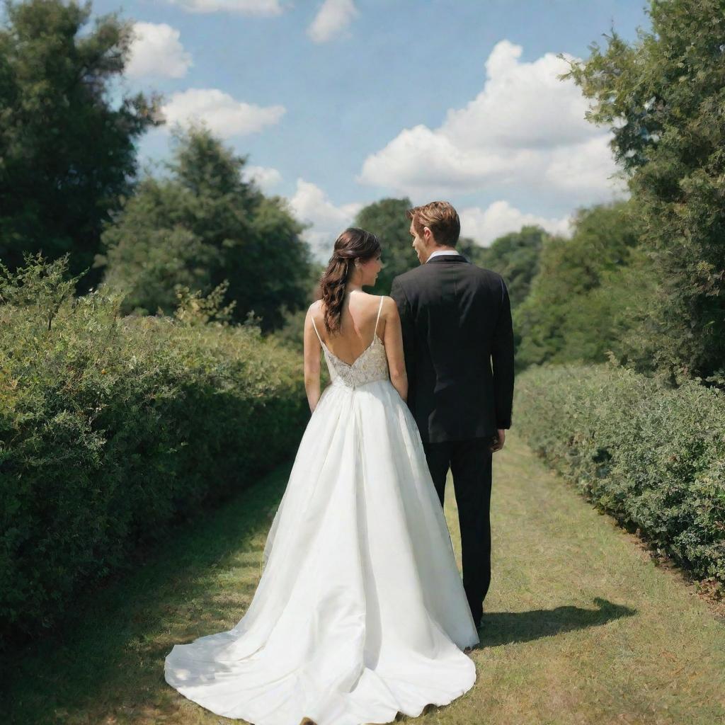 The same couple now turned around to face the other direction. The man is still in his black suit and the woman in her white wedding dress against the backdrop of greenery under the sunny sky.