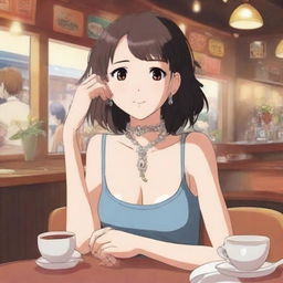 An image of a high-quality digital art portraying a charming anime girl in a moe cafe