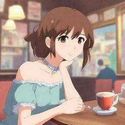 An image of a high-quality digital art portraying a charming anime girl in a moe cafe